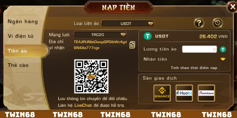 Lựa chọn ví tiền ảo nạp tiền trên Twin68 thành công
